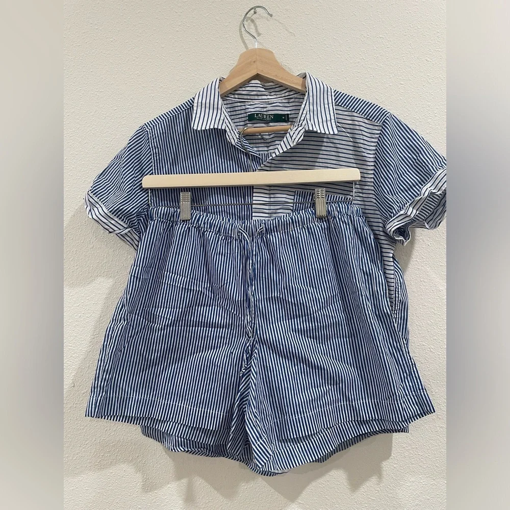 Ralph Lauren Blue and White Pinstriped Pajama Short Set 100% Organic Cotton